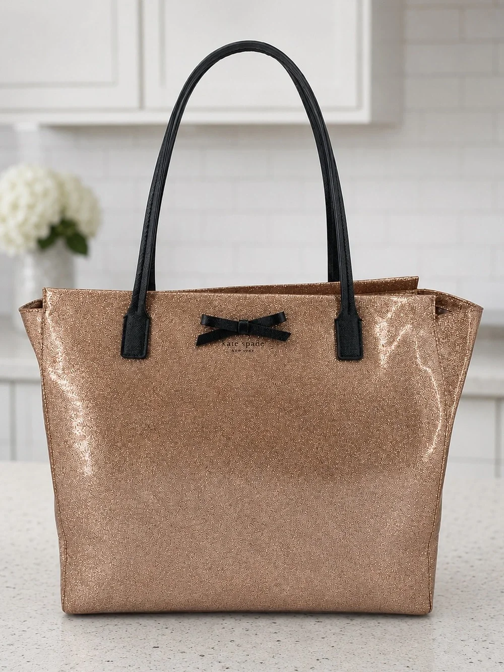 kate spade Mavis Street Taden Rose Gold Glitter Tote with Black Handles